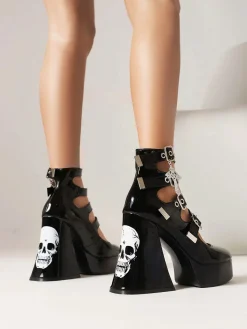 New Retro Stage Vintage Skull Steampunk Gothic High Heel Shoes Black