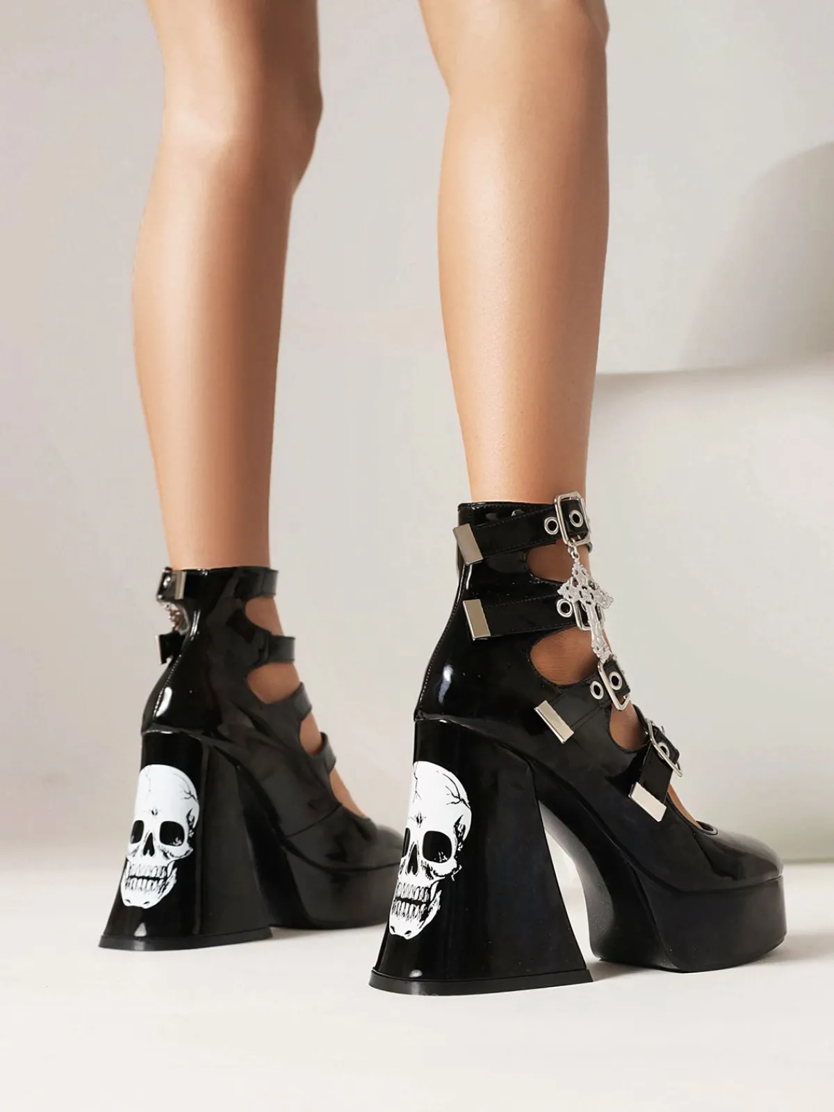 New Retro Stage Vintage Skull Steampunk Gothic High Heel Shoes Black