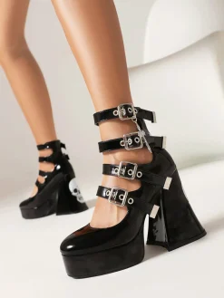New Retro Stage Vintage Skull Steampunk Gothic High Heel Shoes Black