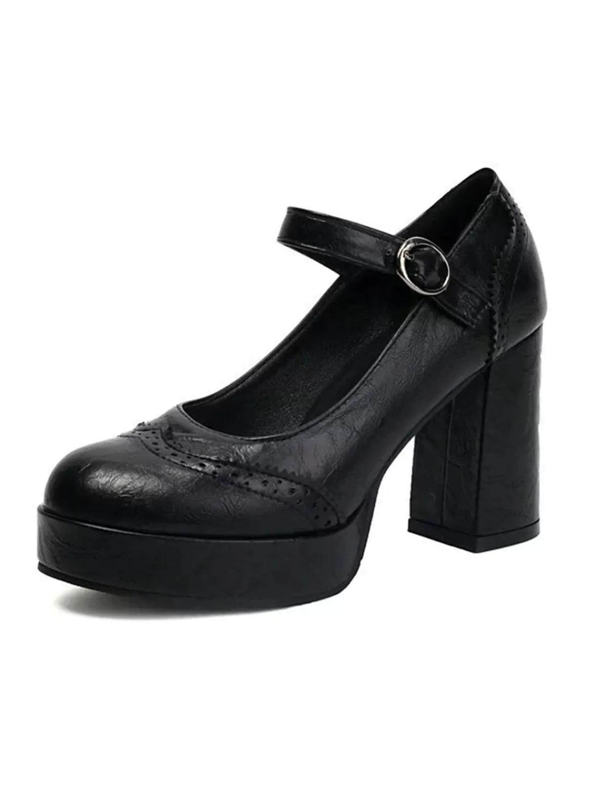 Online Retro Stage Vintage Solid Round Toe Buckle Chunky Heels
