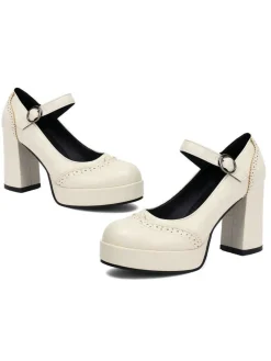 Online Retro Stage Vintage Solid Round Toe Buckle Chunky Heels