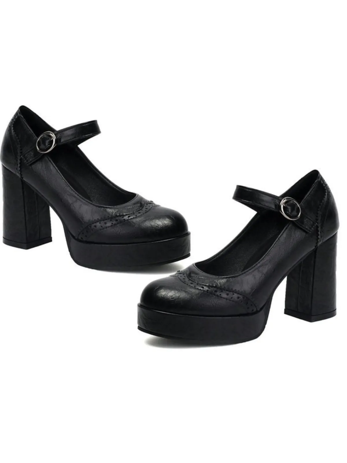 Online Retro Stage Vintage Solid Round Toe Buckle Chunky Heels