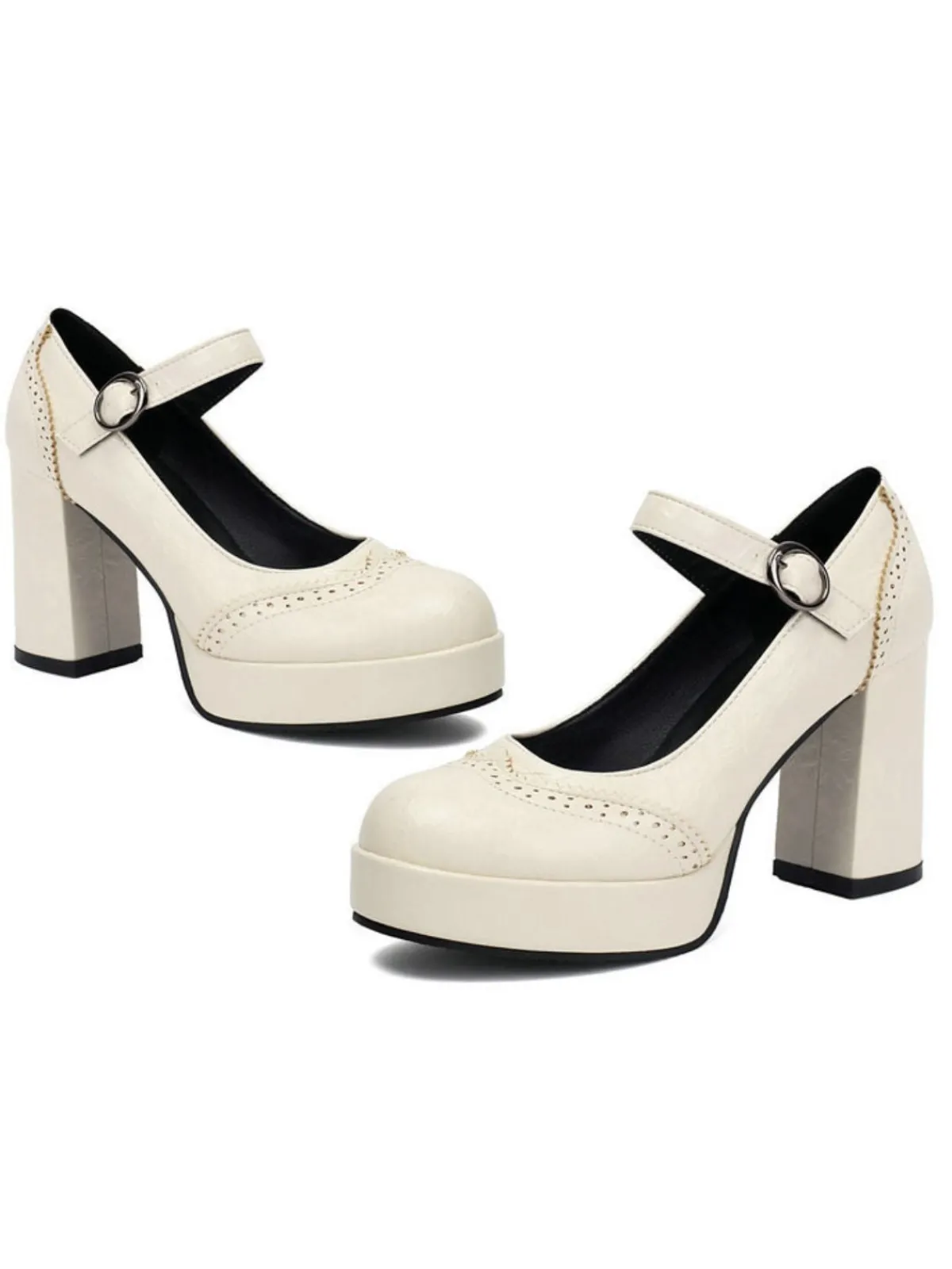 Online Retro Stage Vintage Solid Round Toe Buckle Chunky Heels