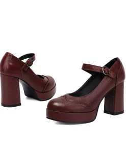 Online Retro Stage Vintage Solid Round Toe Buckle Chunky Heels