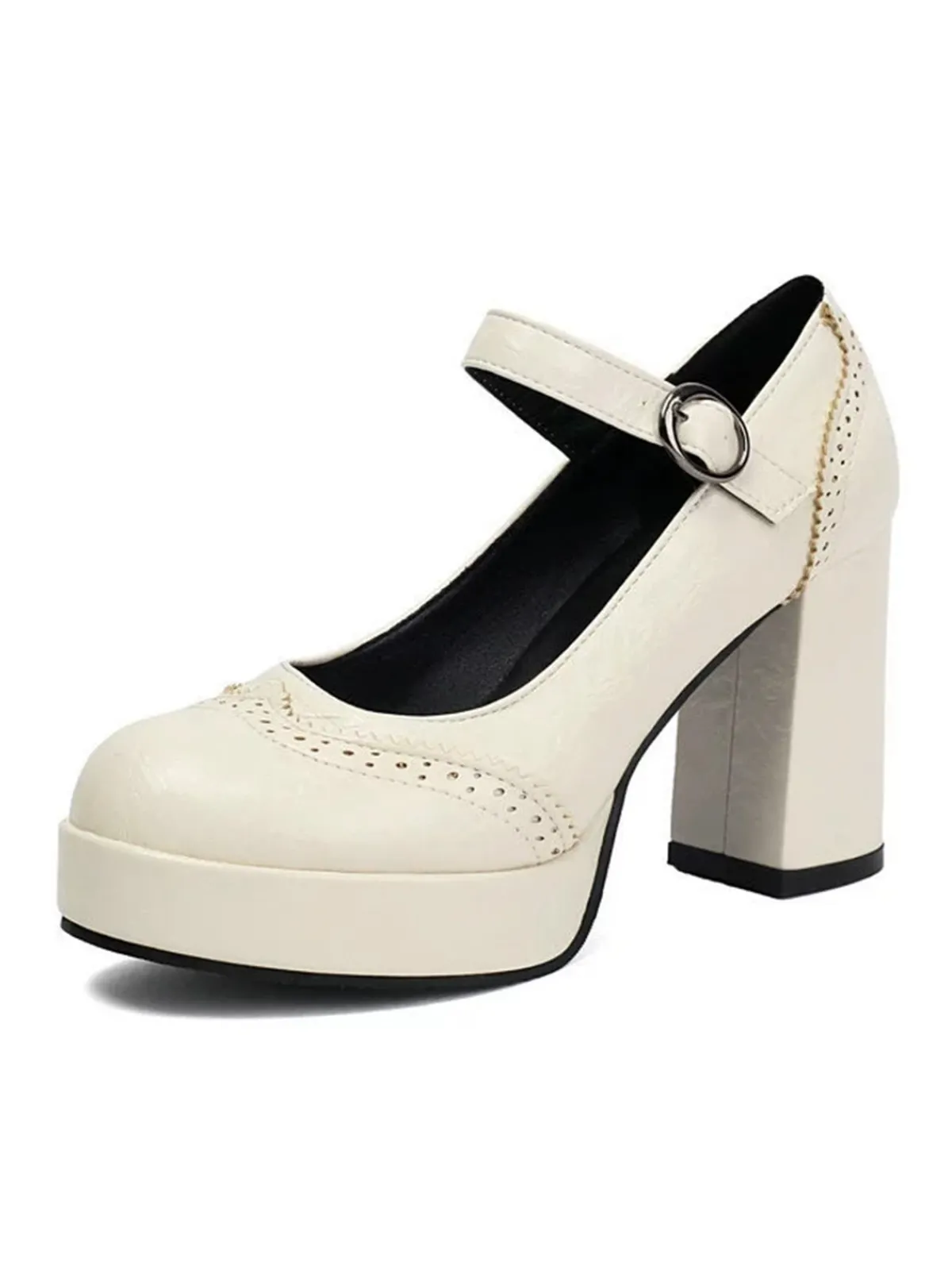 Online Retro Stage Vintage Solid Round Toe Buckle Chunky Heels