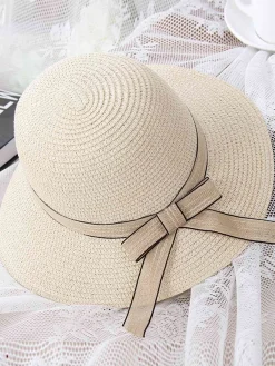 Discount Retro Stage Vintage Straw Dome Bow Beach Sun Hat