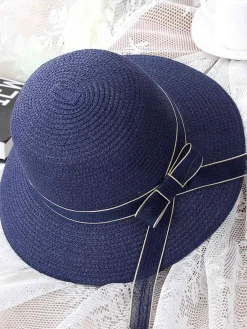 Discount Retro Stage Vintage Straw Dome Bow Beach Sun Hat