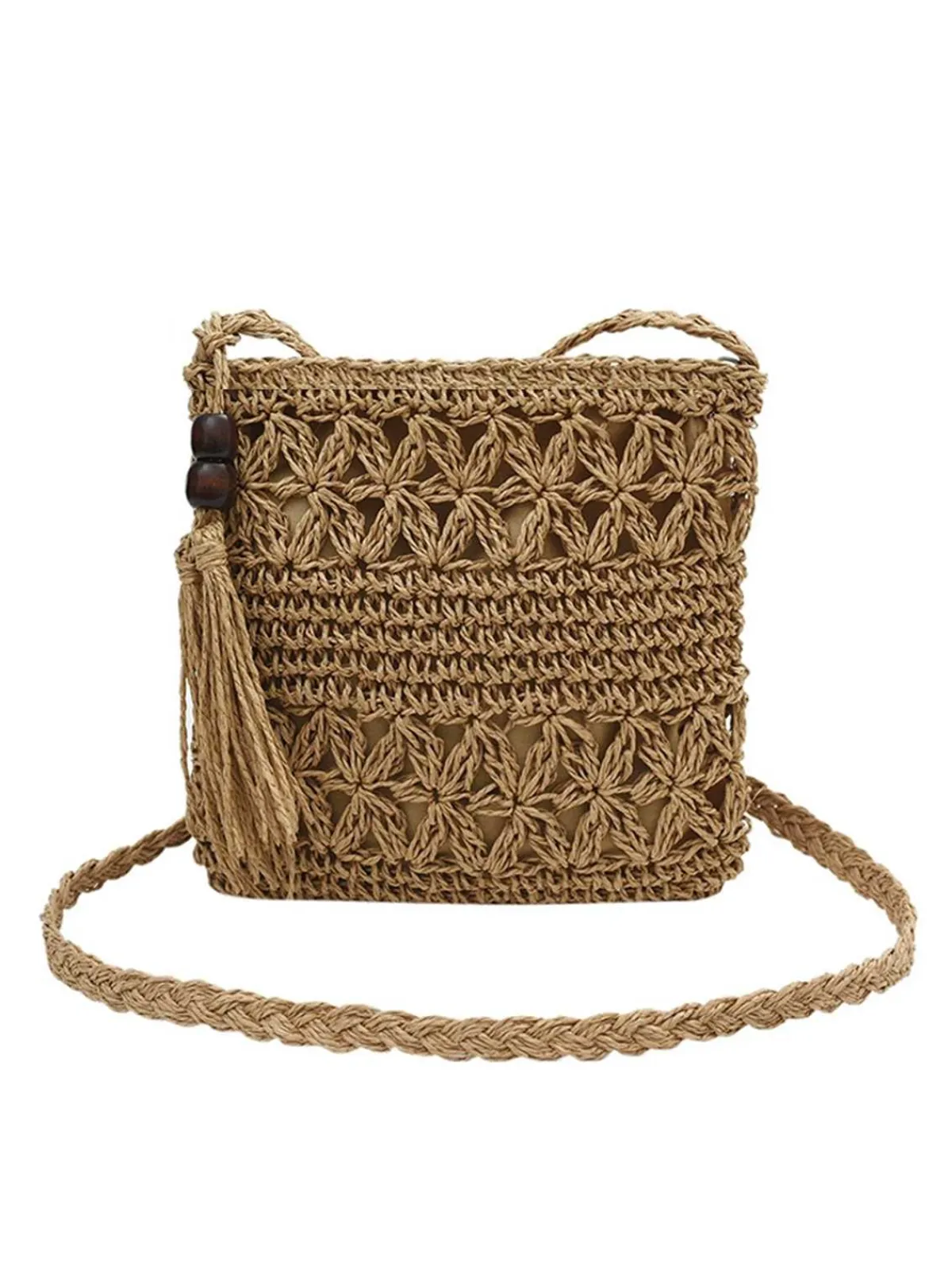 Hot Retro Stage Vintage Straw Wooden Beads Crossbody Bag