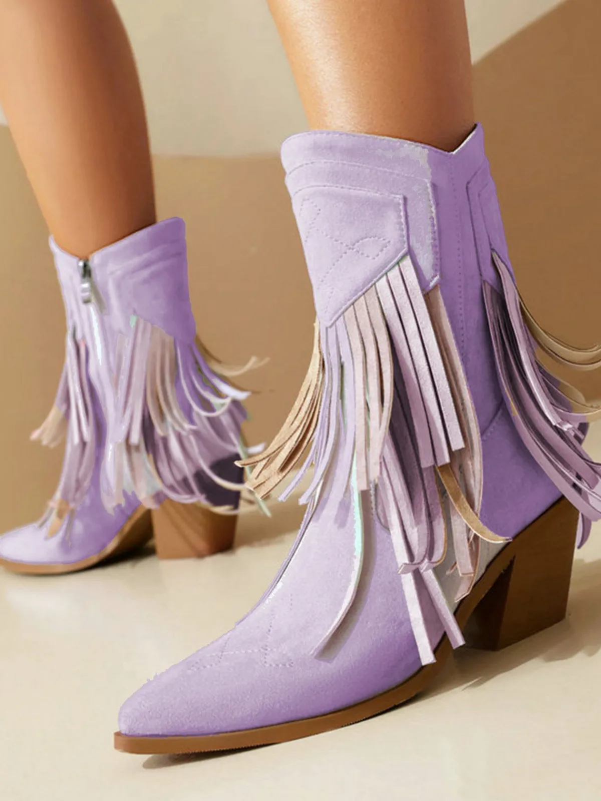 Hot Retro Stage Vintage Tassel Mid Heel Flannelette Boots