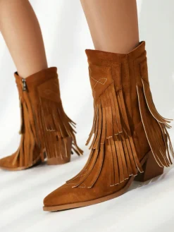 Hot Retro Stage Vintage Tassel Mid Heel Flannelette Boots