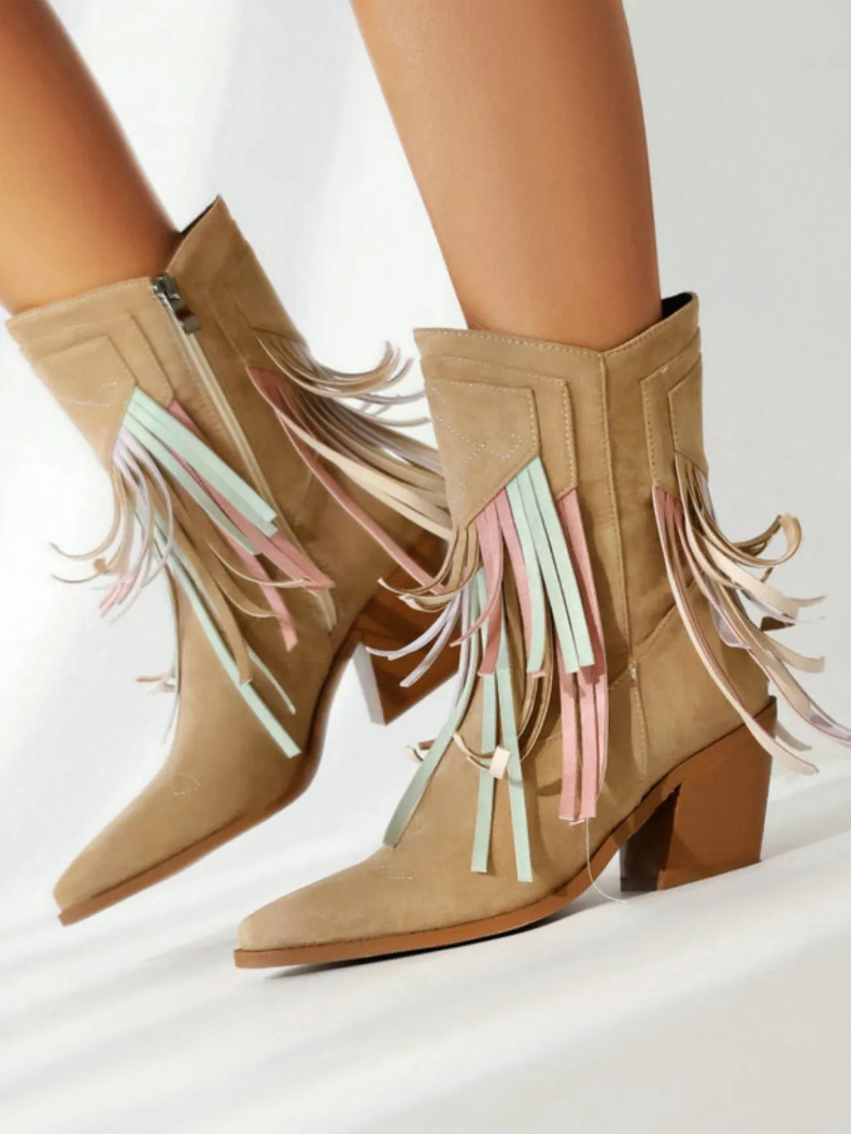Hot Retro Stage Vintage Tassel Mid Heel Flannelette Boots