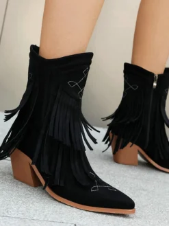 Hot Retro Stage Vintage Tassel Mid Heel Flannelette Boots