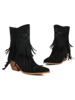 Hot Retro Stage Vintage Tassel Mid Heel Flannelette Boots