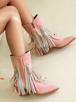 Hot Retro Stage Vintage Tassel Mid Heel Flannelette Boots