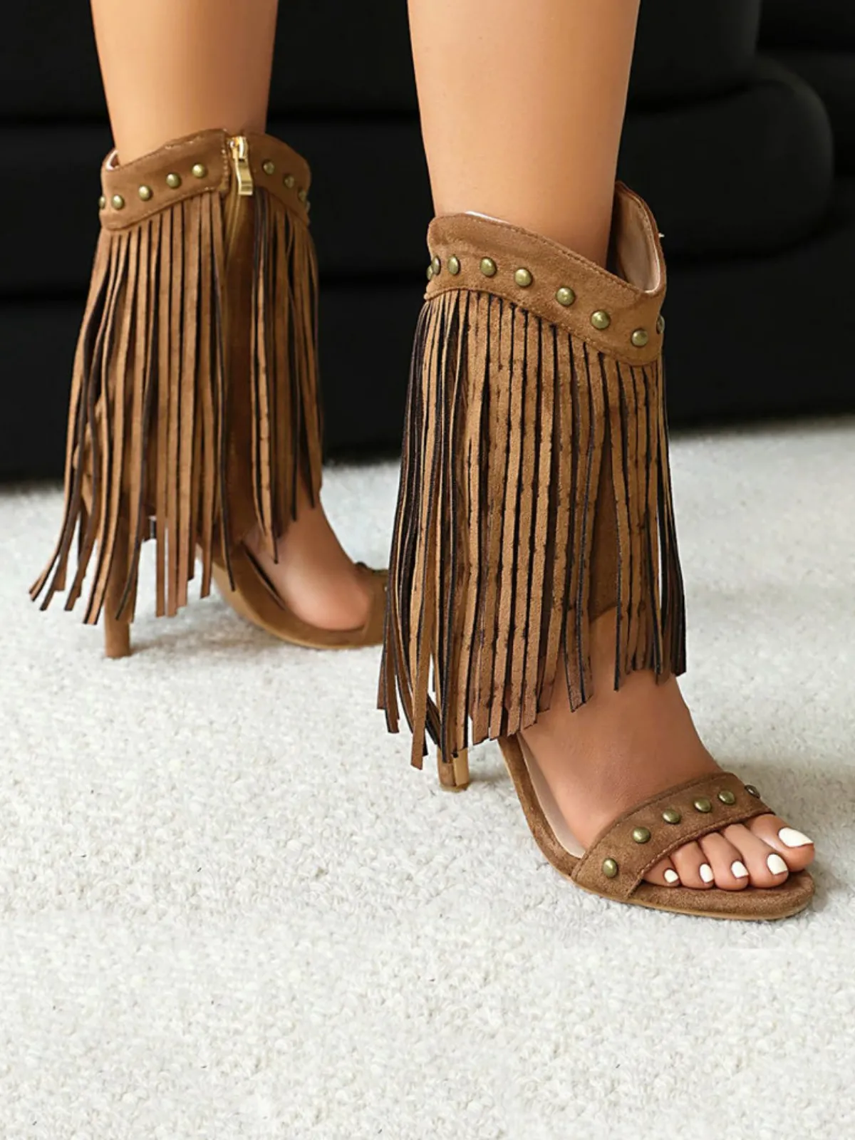 New Retro Stage Vintage Tassel Studded Stiletto Boots