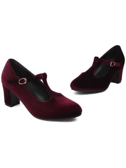 Hot Retro Stage Vintage Velvet T-Strap Chunky Heel Shoes