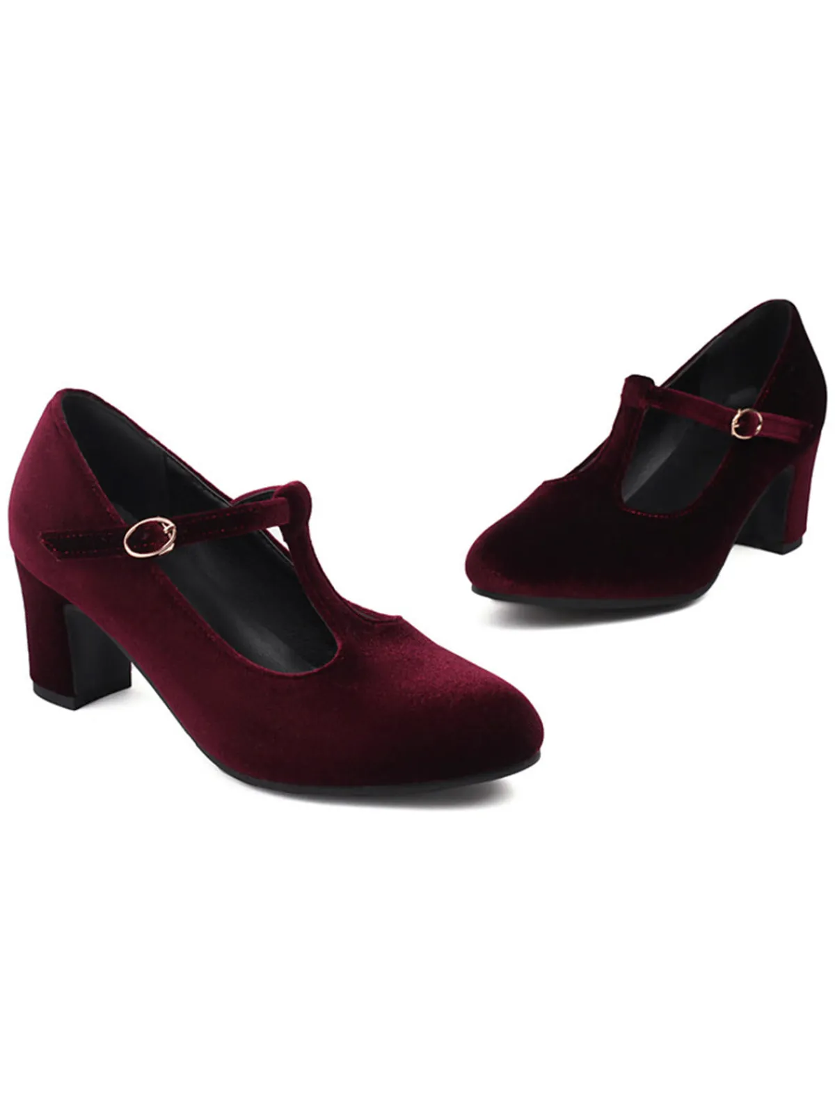 Hot Retro Stage Vintage Velvet T-Strap Chunky Heel Shoes