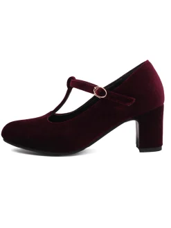 Hot Retro Stage Vintage Velvet T-Strap Chunky Heel Shoes