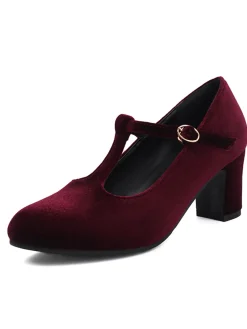 Hot Retro Stage Vintage Velvet T-Strap Chunky Heel Shoes