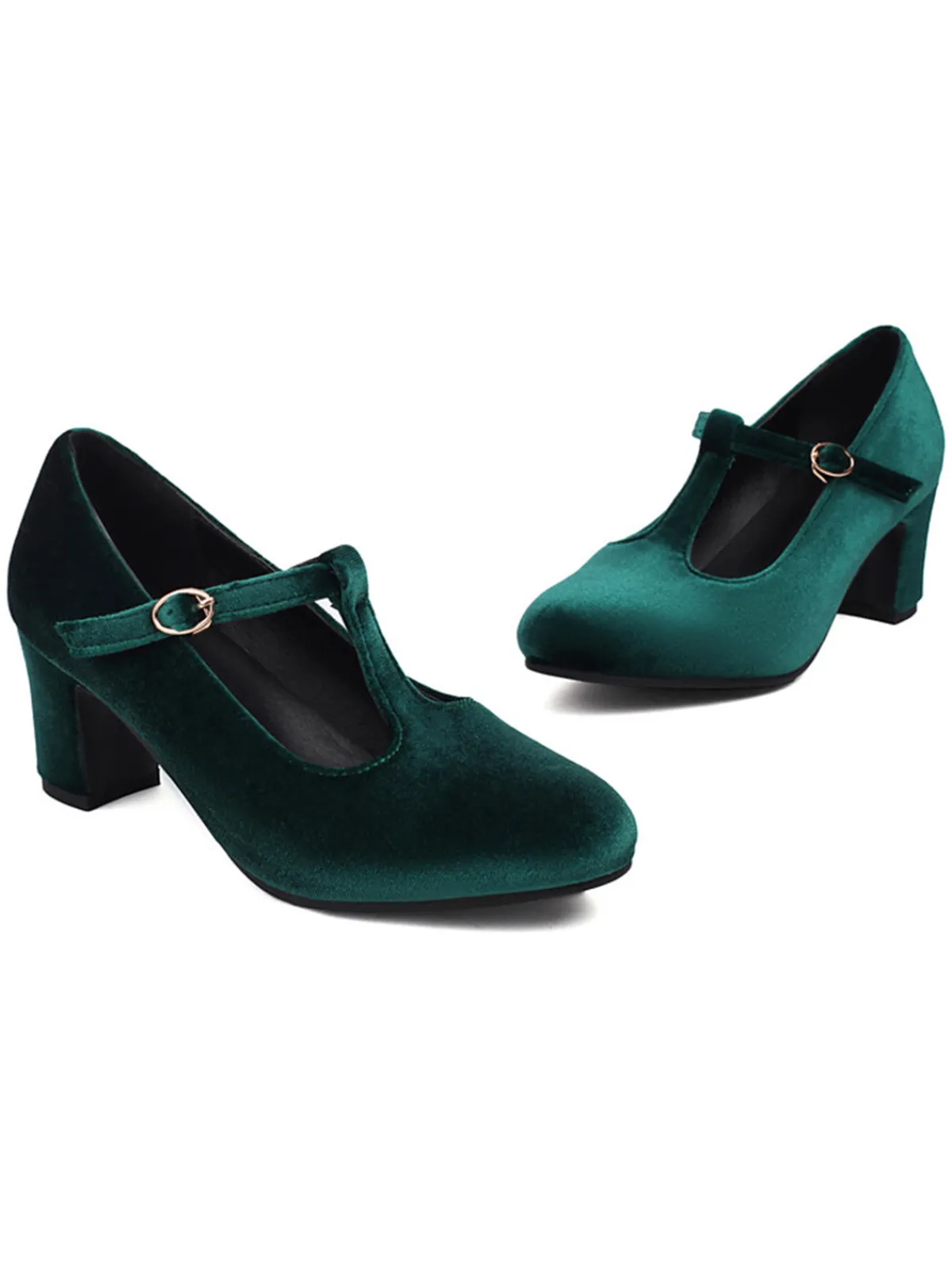 Hot Retro Stage Vintage Velvet T-Strap Chunky Heel Shoes