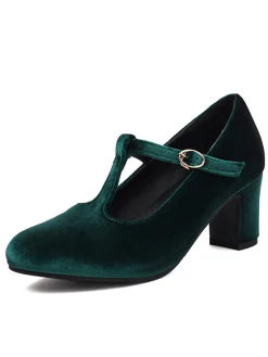 Hot Retro Stage Vintage Velvet T-Strap Chunky Heel Shoes
