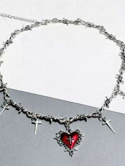 Fashion Retro Stage Vintage Wine Red Heart Cross Necklace