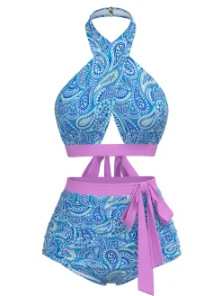 Clearance Retro Stage 1970s Paisley Print Cross-Halter Swimsuit Violet
