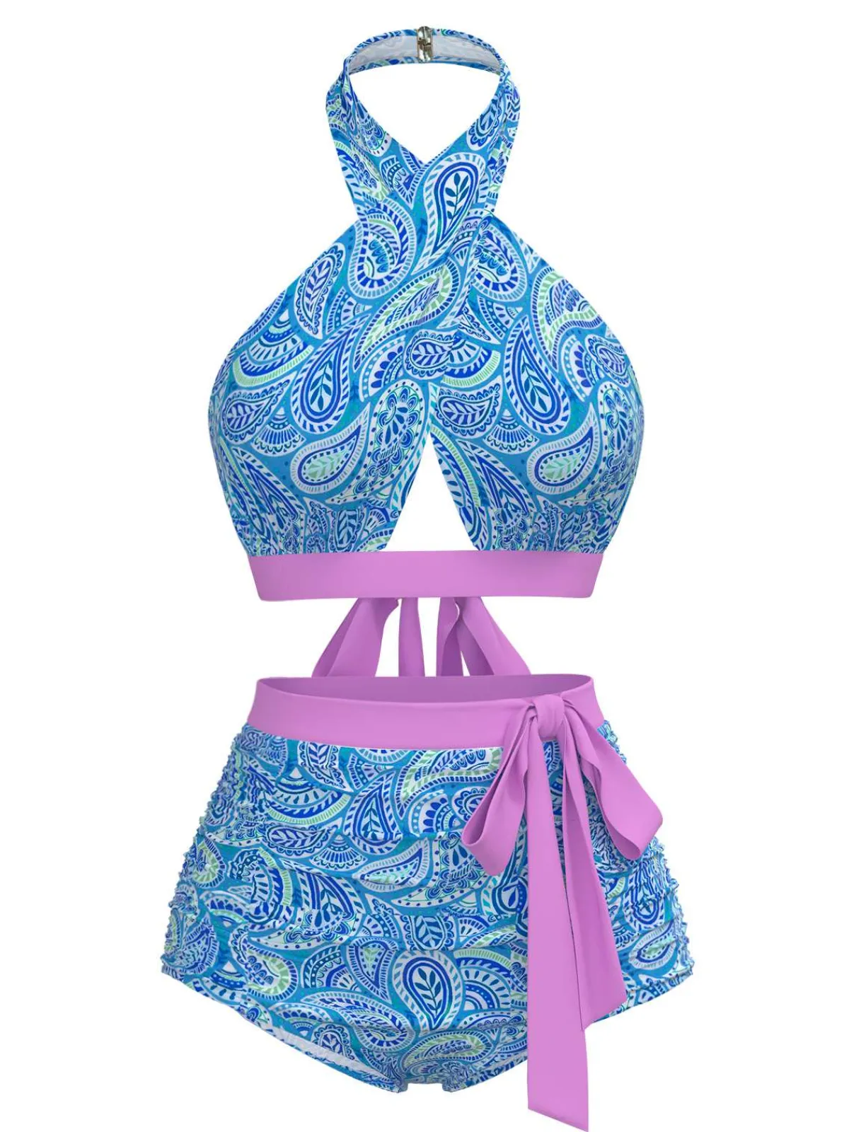 Clearance Retro Stage 1970s Paisley Print Cross-Halter Swimsuit Violet