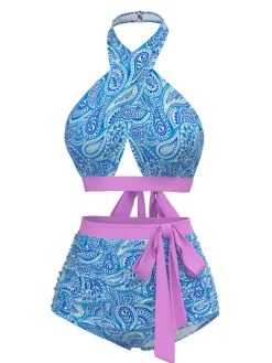 Clearance Retro Stage 1970s Paisley Print Cross-Halter Swimsuit Violet