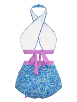 Clearance Retro Stage 1970s Paisley Print Cross-Halter Swimsuit Violet