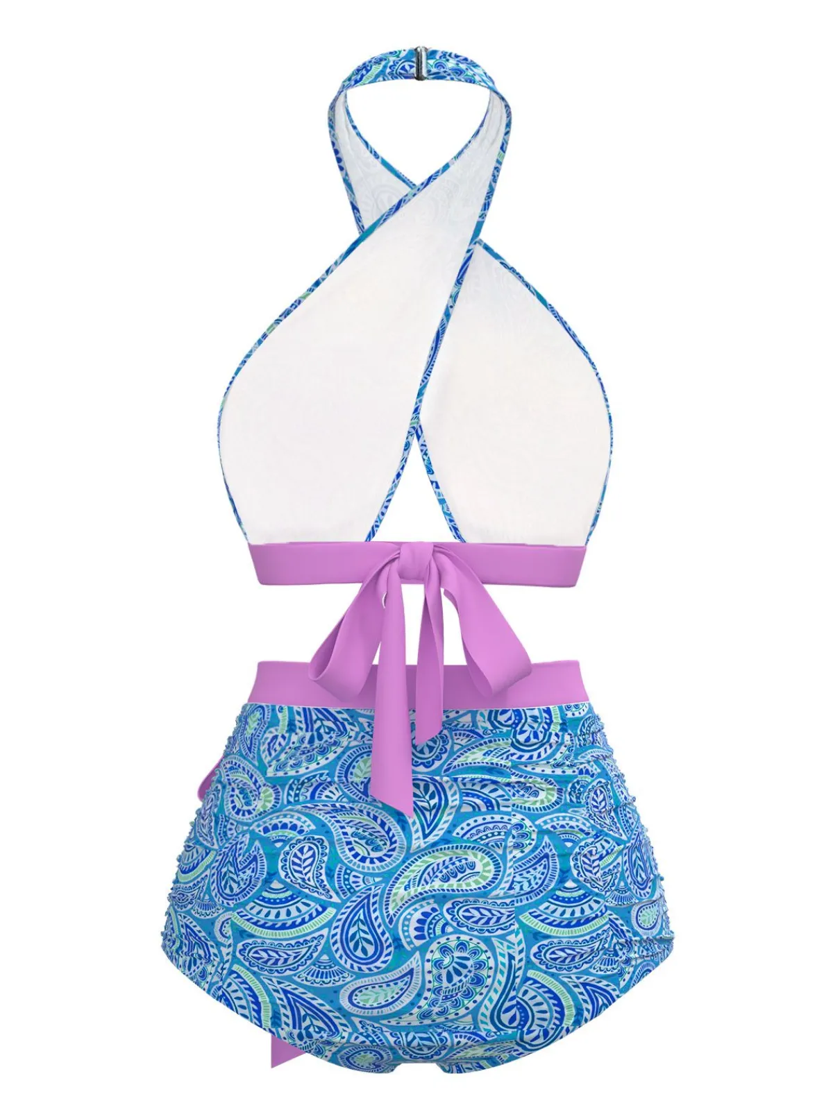 Clearance Retro Stage 1970s Paisley Print Cross-Halter Swimsuit Violet