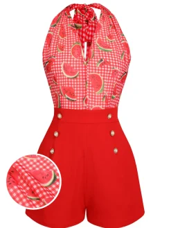 Online Retro Stage Watermelon 1950s Halter Patchwork Romper Red