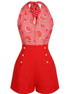 Online Retro Stage Watermelon 1950s Halter Patchwork Romper Red
