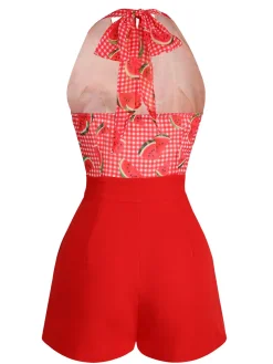 Online Retro Stage Watermelon 1950s Halter Patchwork Romper Red