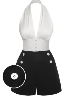Discount Retro Stage & Black 1950s Deep-V Halter Romper White