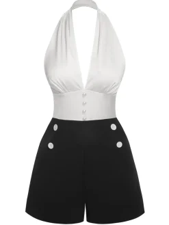 Discount Retro Stage & Black 1950s Deep-V Halter Romper White