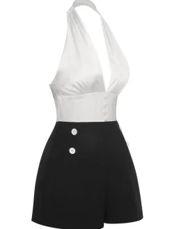 Discount Retro Stage & Black 1950s Deep-V Halter Romper White