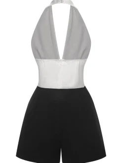 Discount Retro Stage & Black 1950s Deep-V Halter Romper White