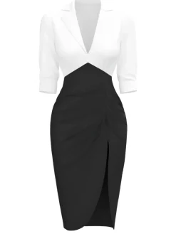 New Retro Stage 1960s Notched Collar Ruched Bodycon Dress White & Black