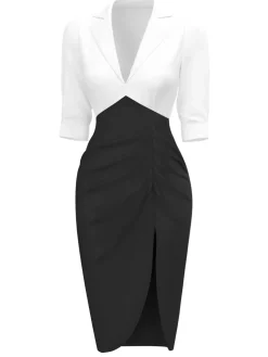 New Retro Stage 1960s Notched Collar Ruched Bodycon Dress White & Black