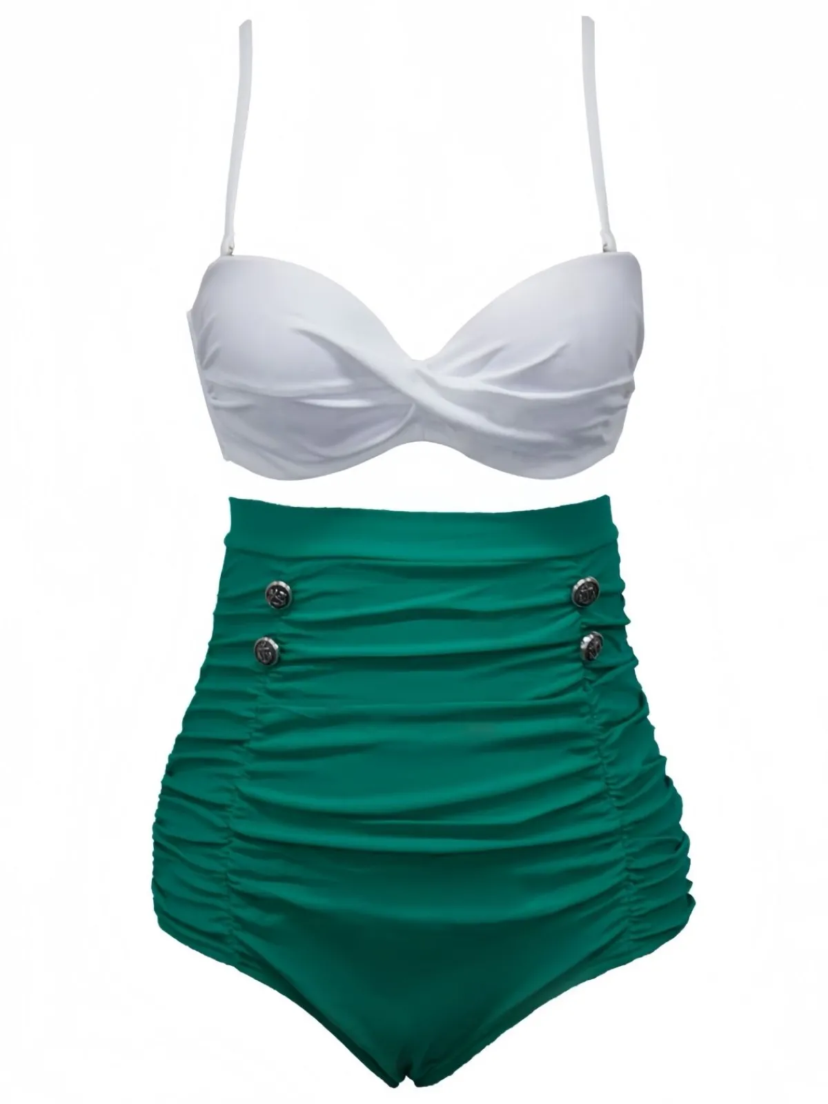 Hot Retro Stage White & 1950s High-Waist Ruched Bikini Set Green