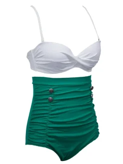 Hot Retro Stage White & 1950s High-Waist Ruched Bikini Set Green