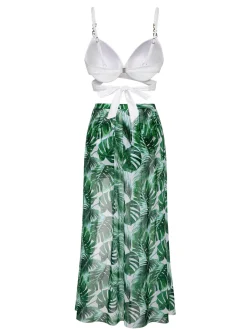 Online Retro Stage White & 1950s Tropical Swimsuit With Cover-Up Green