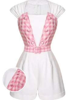 New Retro Stage 1950s Plaid Romper With Belt White & Pink