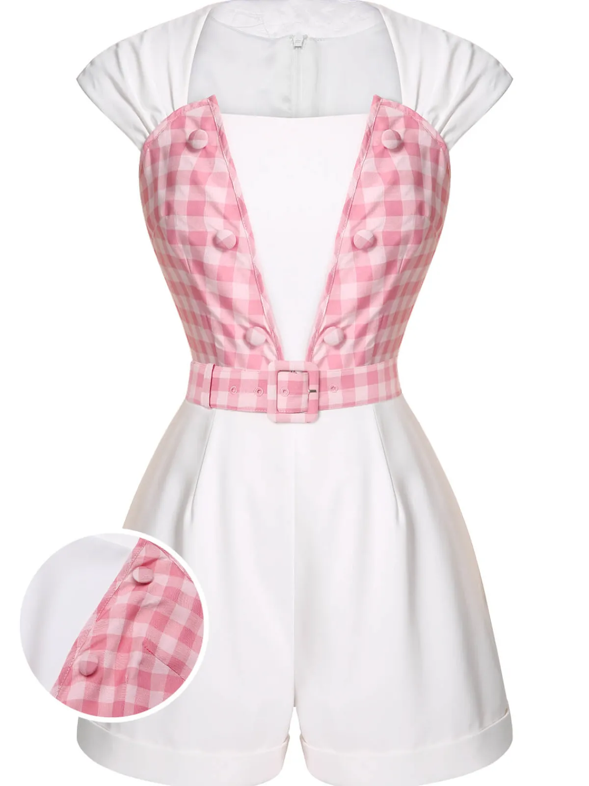 New Retro Stage 1950s Plaid Romper With Belt White & Pink