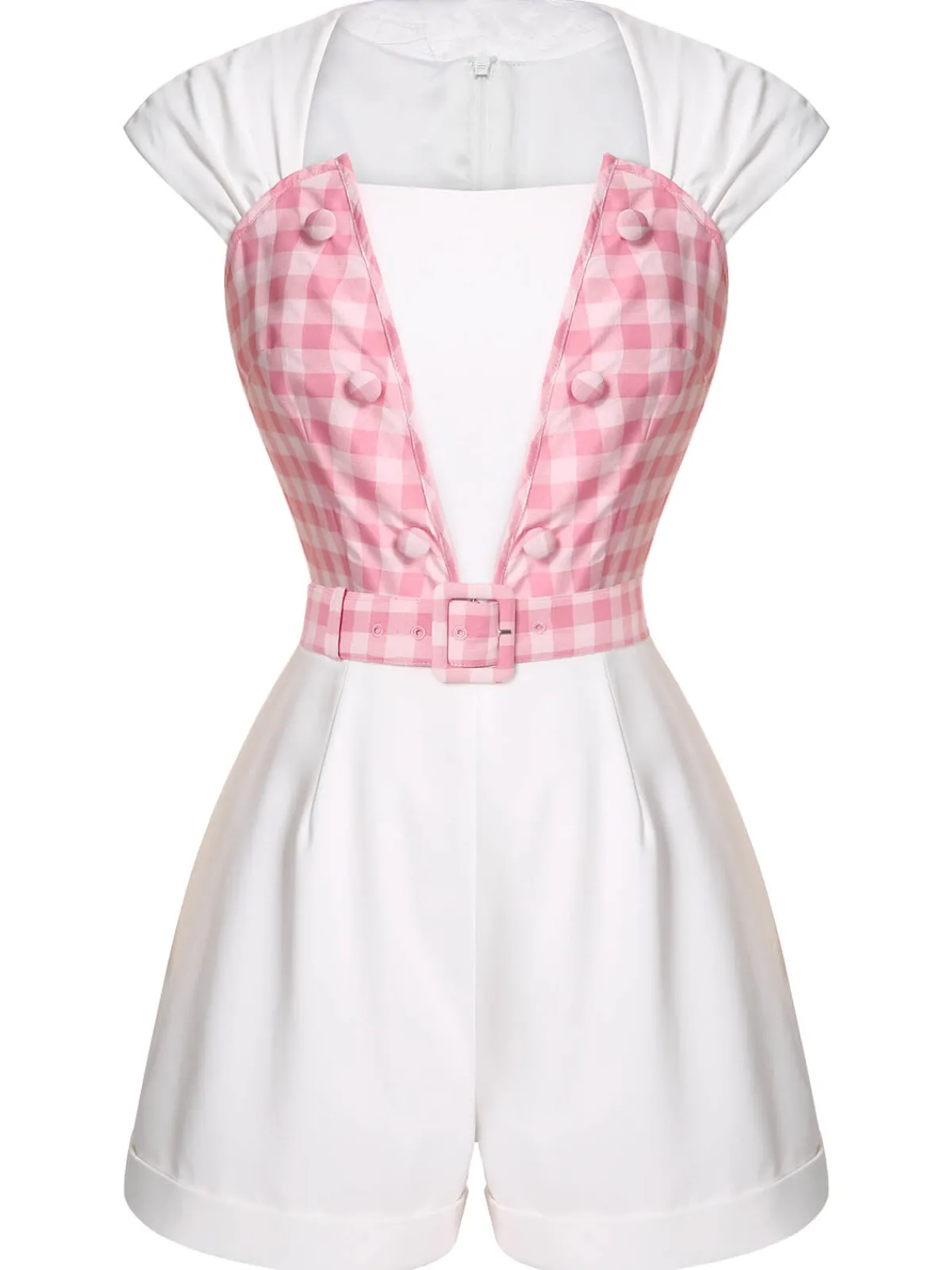 New Retro Stage 1950s Plaid Romper With Belt White & Pink