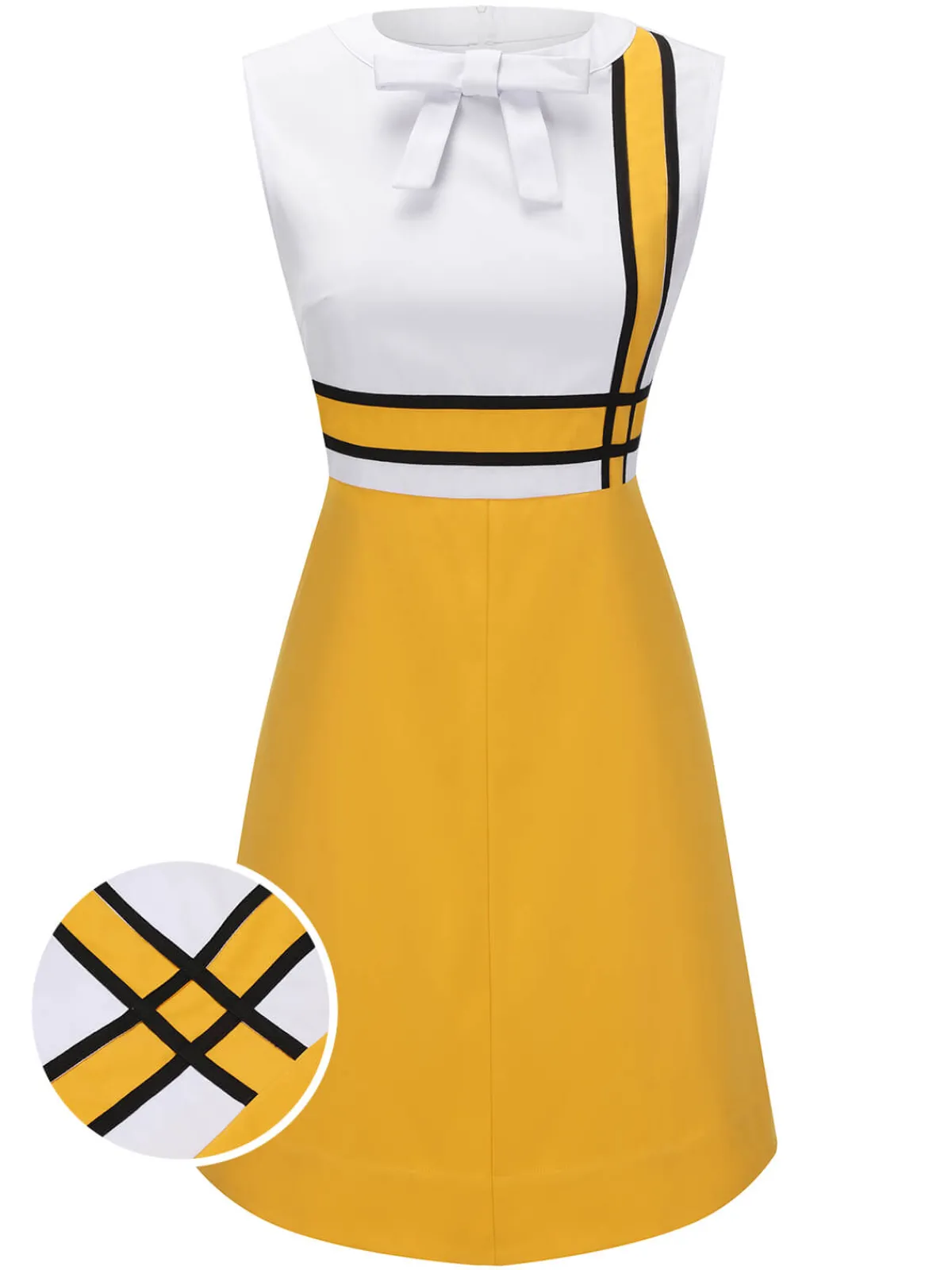 Hot Retro Stage 1960s Bowknot Patchwork Dress White & Yellow