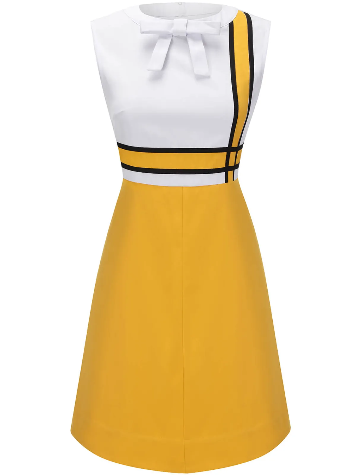 Hot Retro Stage 1960s Bowknot Patchwork Dress White & Yellow