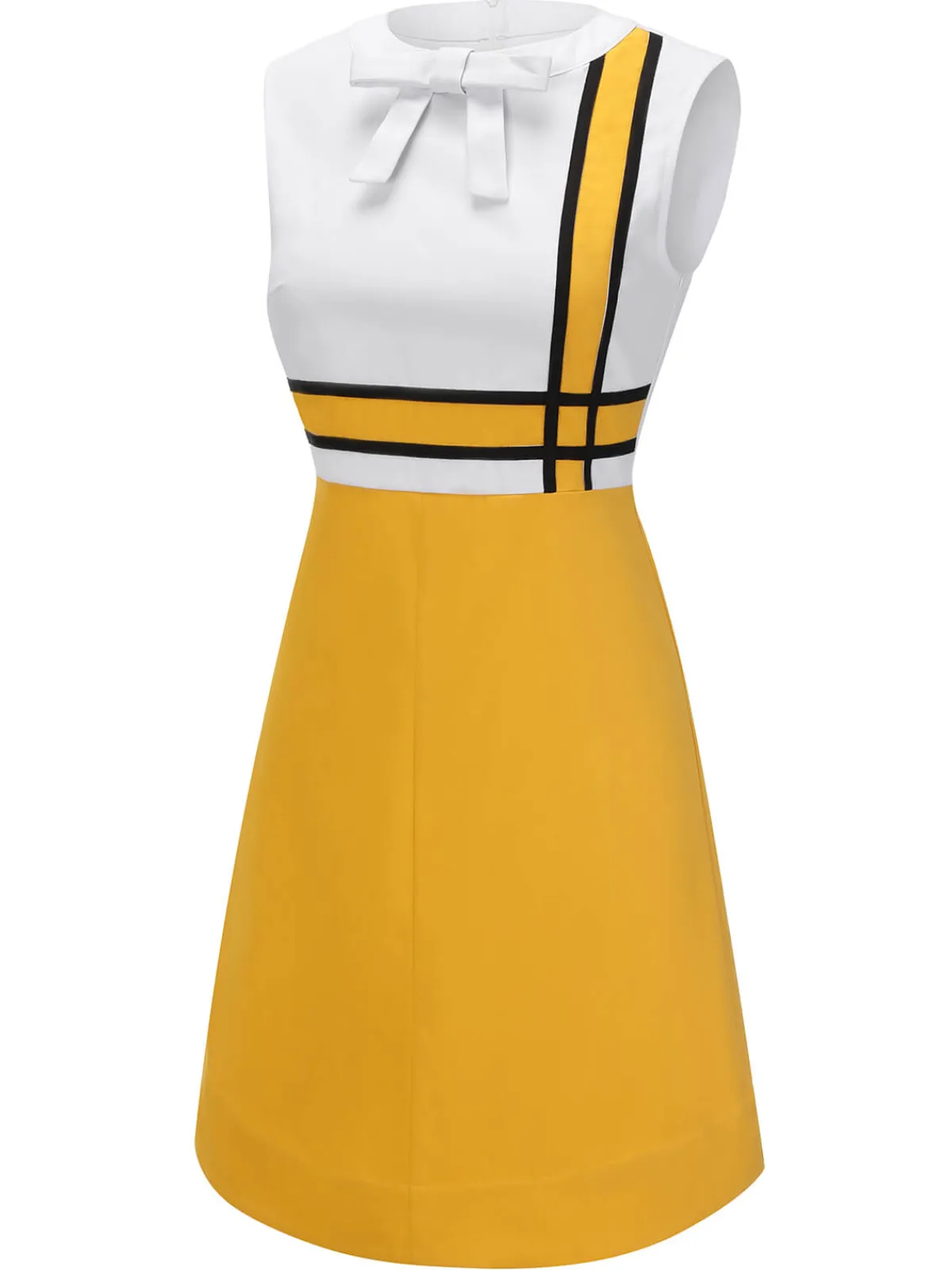 Hot Retro Stage 1960s Bowknot Patchwork Dress White & Yellow