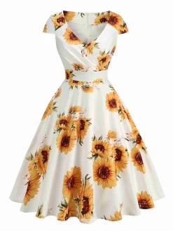 Clearance Retro Stage White & 1950s Sunflower Swing Dress Yellow